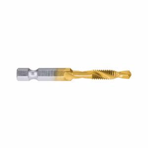 Metal drill bit with silver shank and gold-tinted flutes, laid horizontally across a white background