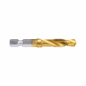 Gold-colored twist drill bit with hex shank and spiral flutes, a two-tone metal tool.