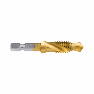 Gold-plated drill bit with spiral flutes and a silver hex shank, designed for metal drilling