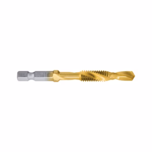 Gold-coated twist drill bit with a silver hex shank, shown horizontally for metal drilling