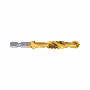 Gold-coated twist drill bit with a silver shank, used for drilling metal.
