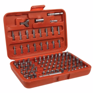 Red plastic screwdriver bit set with numerous metal bits and a few accompanying adapters, organized in molded trays inside the case