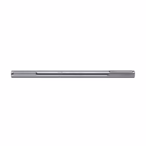 Long silver metal pen laid horizontally on a white background.
