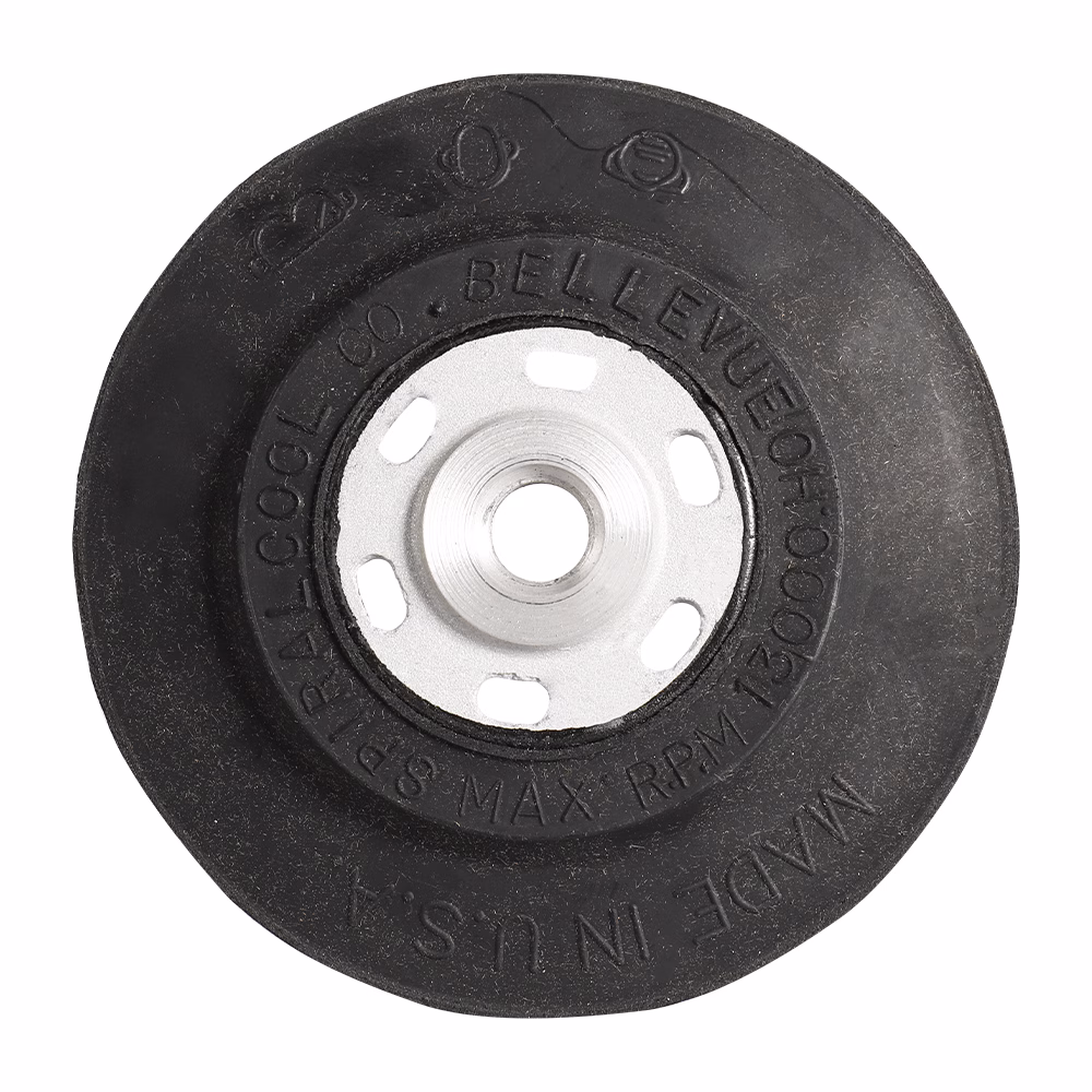 GBHP125_2 - Alpha Tools Black rubber wheel with a silver metal hub and circular cutouts, a caster wheel component.