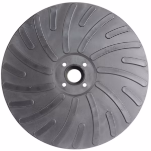 Grey circular abrasive grinding disc with a central hole and four small mounting holes, used for sanding or grinding.