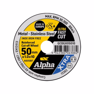 Circular label for a metal-cutting wheel: 50 mm reinforced cut-off wheel for metal and stainless steel, Alpha X-TRA, ultra-fast cut.
