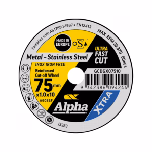 GCDGX07510 - Alpha Tools Cut-off wheel label for metal and stainless steel, 75 mm reinforced wheel with yellow/black design and blue Alpha XTRA branding, includes barcode and safety icons on the edge.