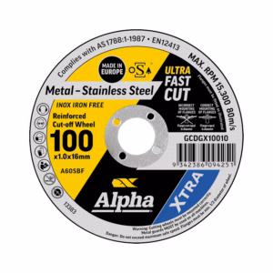 Circular abrasive grinding wheel label: Alpha Metal-Stainless Steel 100 (1.0 x 16 mm) with Ultra Fast Cut markings and Made in Europe seal.