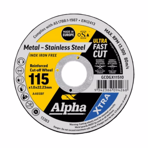 GCDGX11510 - Alpha Tools Reinforced cut-off wheel for metal and stainless steel, 115 mm diameter (1.0 mm thick, 22.23 mm arbor), Alpha Ultra Fast Cut, Made in Europe