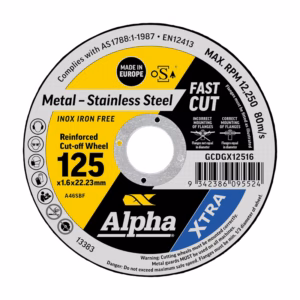 Metal grinding disc for stainless steel, 125 mm diameter, 1.6 mm bore with 22.23 mm, labeled Alpha Fast Cut Xtra, inox iron free. Includes safety icons and warnings on the rim.