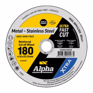 GCDGX18016 - Alpha Tools Circular cutting wheel label for Alpha Ultra Fast Cut; for metal (stainless steel), 180 mm diameter, 1.6 mm kerf, 22.23 mm bore.