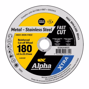 Circular label on a metal-cutting wheel: Alpha Fast Cut, stainless steel reinforced cut-off wheel, 180 mm diameter (2.5 x 22.23 mm).