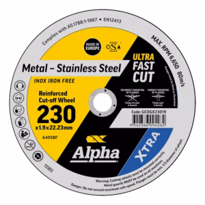 GCDGX23019 - Alpha Tools Label on an Alpha reinforced cut-off wheel: 'Metal - Stainless Steel', size 230 x 1.9 x 22.23 mm, Made in Europe.