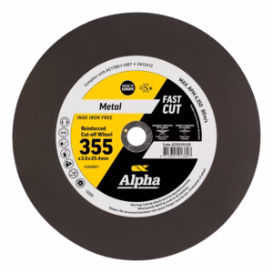 Alpha metal fast-cut grinding wheel with yellow/black label and 355 mm diameter, for reinforced metal cutting (x3.0 x 25.4 mm).
