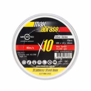 Round cutting-disc packaging label: Max Abrase Stainless Steel Inox, 10 pcs, 100 x 1.0 x 16 mm