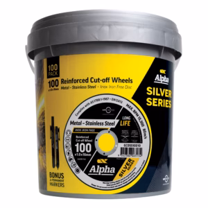 100-pack reinforced cut-off wheels for metal and stainless steel, Alpha Silver Series bucket packaging