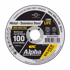 Reinforced cut-off wheel for metal–stainless steel, 100 × 2.4 × 16 mm, Alpha Silver Series, long life.