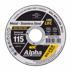 Alpha Silver Series reinforced cut-off wheel for metal, 115 mm diameter, 1.0 mm thick, 22.23 mm bore (INOX iron-free).”,