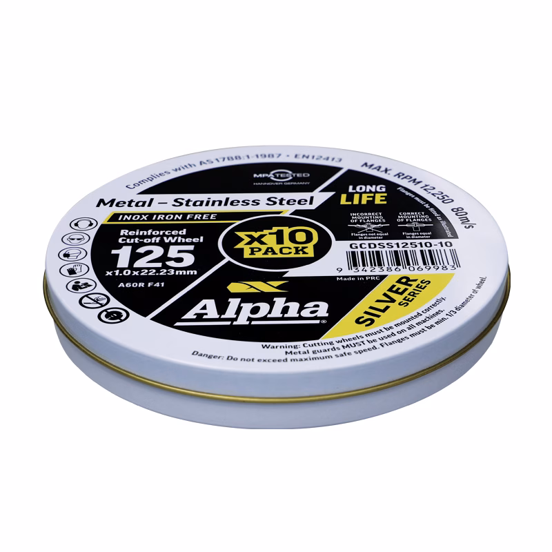 GCDSS12510-10 - Alpha Tools Round tin of Alpha Silver Series packaging, black-and-yellow label advertising stainless steel line, ‘125’ and ‘x10 pack’ visible on the lid