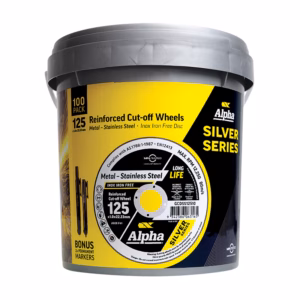 Bucket of Alpha Silver Series reinforced cut-off wheels, 125 mm diameter, 1.0 mm thick, 22.23 mm arbor, 100-pack