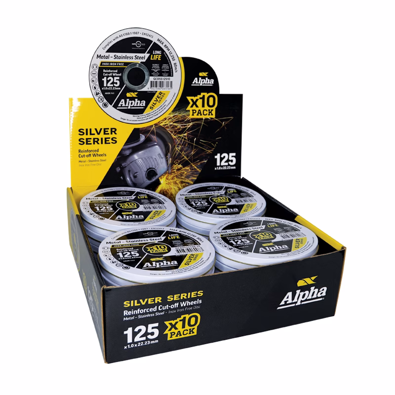 GCDSS12510-10_2 - Alpha Tools Boxed display of Alpha Silver Series reinforced cut-off wheels (125 mm), 1.0 mm thick, 22.23 mm arbor, 10-pack.