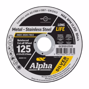 Close-up of a metal-cutting wheel label showing size 125 x 1.0 x 22.23 mm, INOX iron-free, max RPM 12,250, Alpha Silver Series branding and warnings for mounting and safety.
