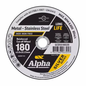 Circular label for Alpha Silver Series reinforced cut-off wheel for metal, 180 mm diameter, stainless steel compatibility, with safety icons and barcode