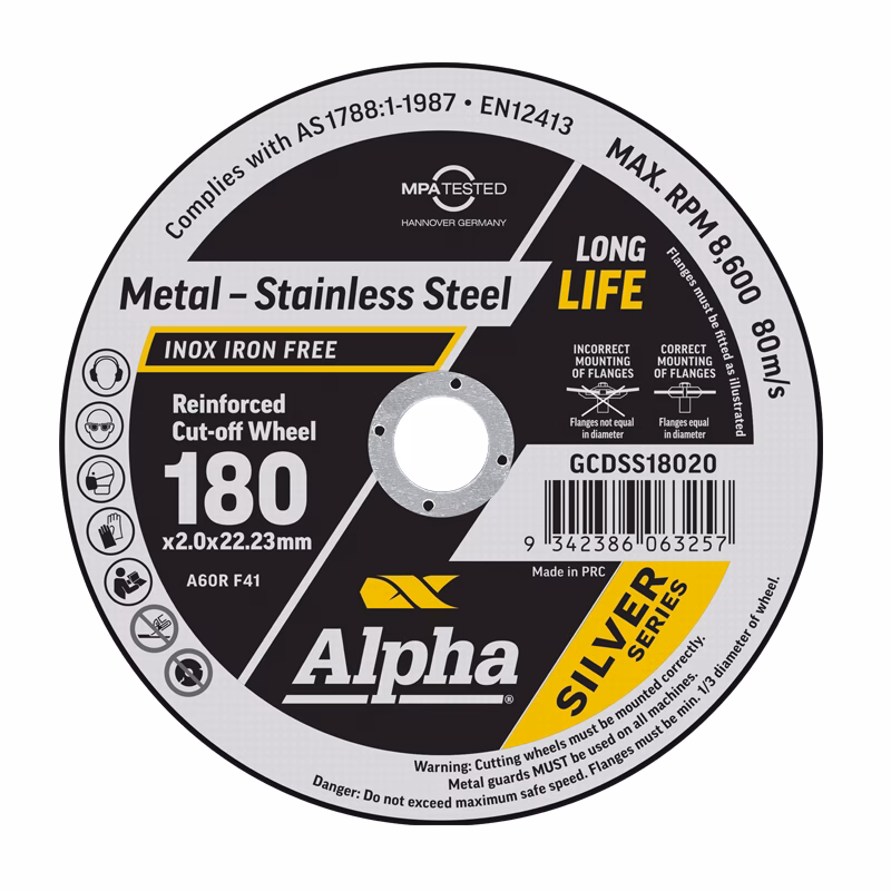 GCDSS18020 - Alpha Tools Circular label for Alpha Silver Series reinforced cut-off wheel for metal, 180 mm diameter, stainless steel compatibility, with safety icons and barcode