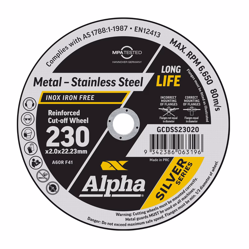 GCDSS23020 - Alpha Tools Circular label for Alpha Silver Series reinforced cut-off wheel, metal–stainless steel, 230 mm (2.0 x 22.23 mm), long life, warning icons, barcode.