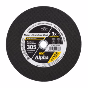 Circular abrasive cutting wheel for metal with center hole; label reads 'Alpha Silver Series' and '305'.