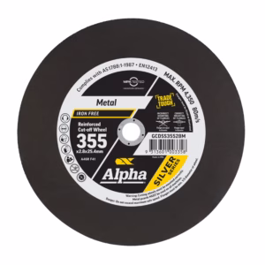 Circular abrasive cutting disc with a white label, showing 355 and Alpha brand (Silver Series) for metal cutting
