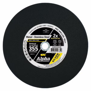 Close-up of a black abrasive grinding wheel with a white label showing metal–stainless steel and 2x reinforcing information.