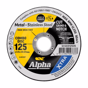 Circular grinding disc for metalworking with yellow/black label; reads 'Combo Disc 125 x 3.5 x 22.23 mm' and 'Alpha Xtra', central mounting hole, and safety/usage text around the edge