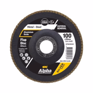 Flap disc for metal grinding: 100 x 16 mm, 80 m/s, Al oxide, grit A40, Alpha Silver Series (Made in Europe).