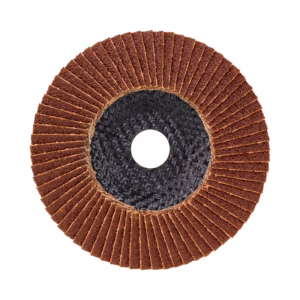 Circular abrasive flap wheel with brown sanding flaps around a black center and a central mounting hole, used for grinding metal.