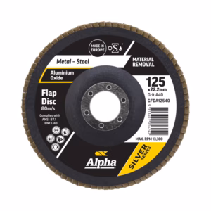 Flap Disc showing grit labeled 125 x 22.2 mm, aluminum oxide, for metal finishing (Alpha Silver Series)