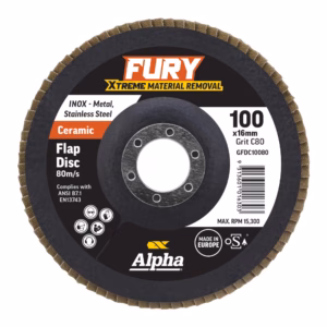 Flap disc abrasive wheel for metal removal, Fury brand, 100x16mm, grit C80, Alpha Made in Europe