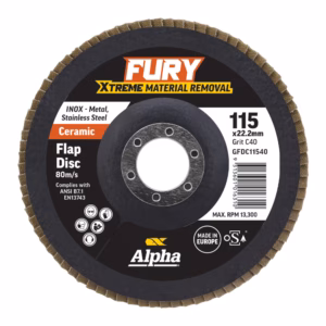 Ceramic flap disc (115x22.2 mm) by Fury Alpha, for metal grinding, with 80 m/s speed and multi-hole pattern in black packaging label.