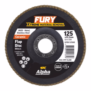 Ceramic flap disc by Fury for metal removal, 125 x 22.2 mm with C60 grit and mounting holes in the center image area.