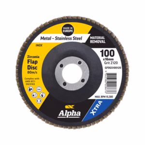 A yellow-black Zirconia flap disc for metal grinding, 100x16mm bore, Grit Z120, Alpha brand