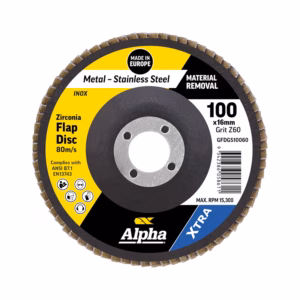 Zirconia flap disc for metal removal, 100x16mm, grit Z60, Alpha brand (Made in Europe), max 15,300 RPM