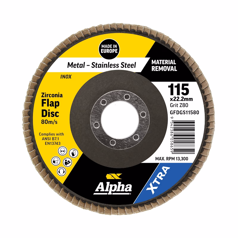 GFDGS11580 - Alpha Tools Zirconia flap disc for metal grinding, 115 x 22.2 mm, Alpha brand, XTRA line, made in Europe, removes material efficiently.