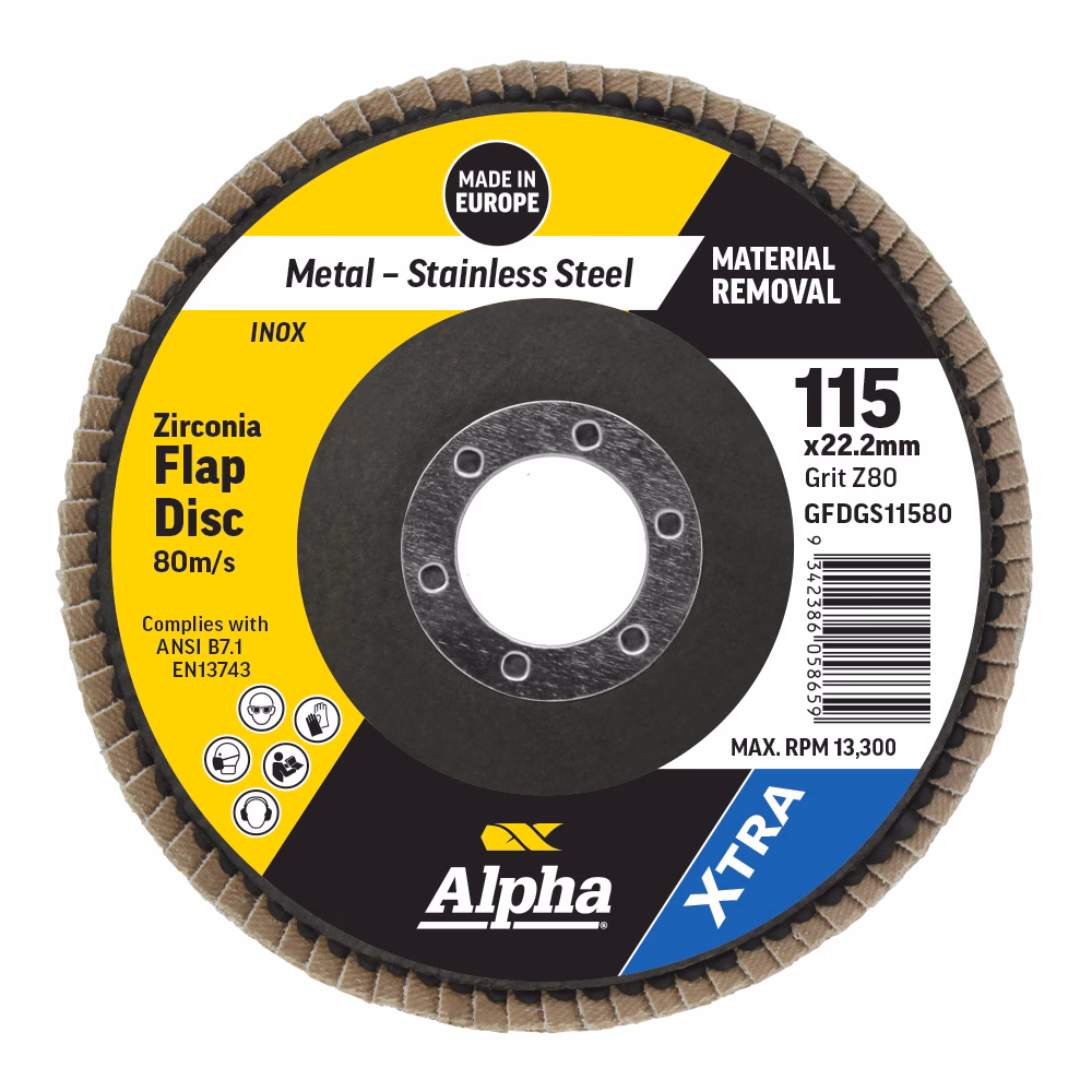GFDGS11580_02 - Alpha Tools Zirconia flap disc for metal and stainless steel, 115 x 22.2 mm bore, grit Z80, Alpha brand