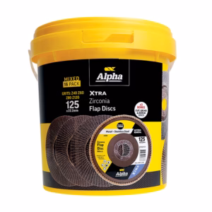 Yellow plastic bucket of Alpha Xtra Zirconia flap discs, 125 x 22.2 mm, mixed 16-pack
