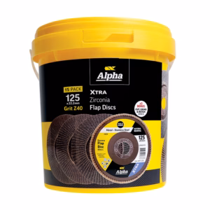 Bucket containing Alpha Xtra Zirconia flap discs, 15-pack set, 125 x 22.2 mm, grit Z40 (yellow and black packaging)