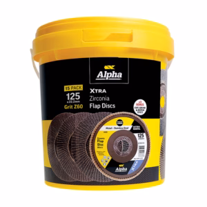 Yellow tub packaging for Alpha Xtra Zirconia Flap Discs, 125 x 22.2 mm, grit Z60 (15 pack) on a black label with yellow accents.