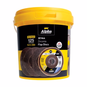 Yellow bucket containing Alpha Xtra Zirconia flap discs, 15 pack (125 x 22.2 mm).