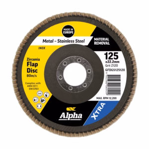 Flap disc for metalworking: 125 x 22.2 mm, Z120 grit, Alpha brand, stainless steel, max RPM 12,200; Made in Europe