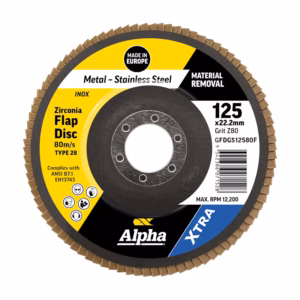 Zirconia flap disc for metal finishing with 125 mm diameter and 22.2 mm bore, Alpha XTRA label visible.