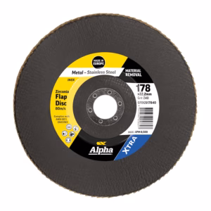 Zirconia flap disc for metal grinding, 178 mm diameter, 22.2 mm arbor, Z40 grit (80 m/s), Alpha XTRA label